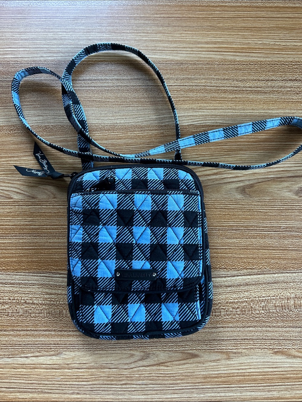 Vera Bradley Blue and Black Plaid Quilted Crossbody Phone Bag